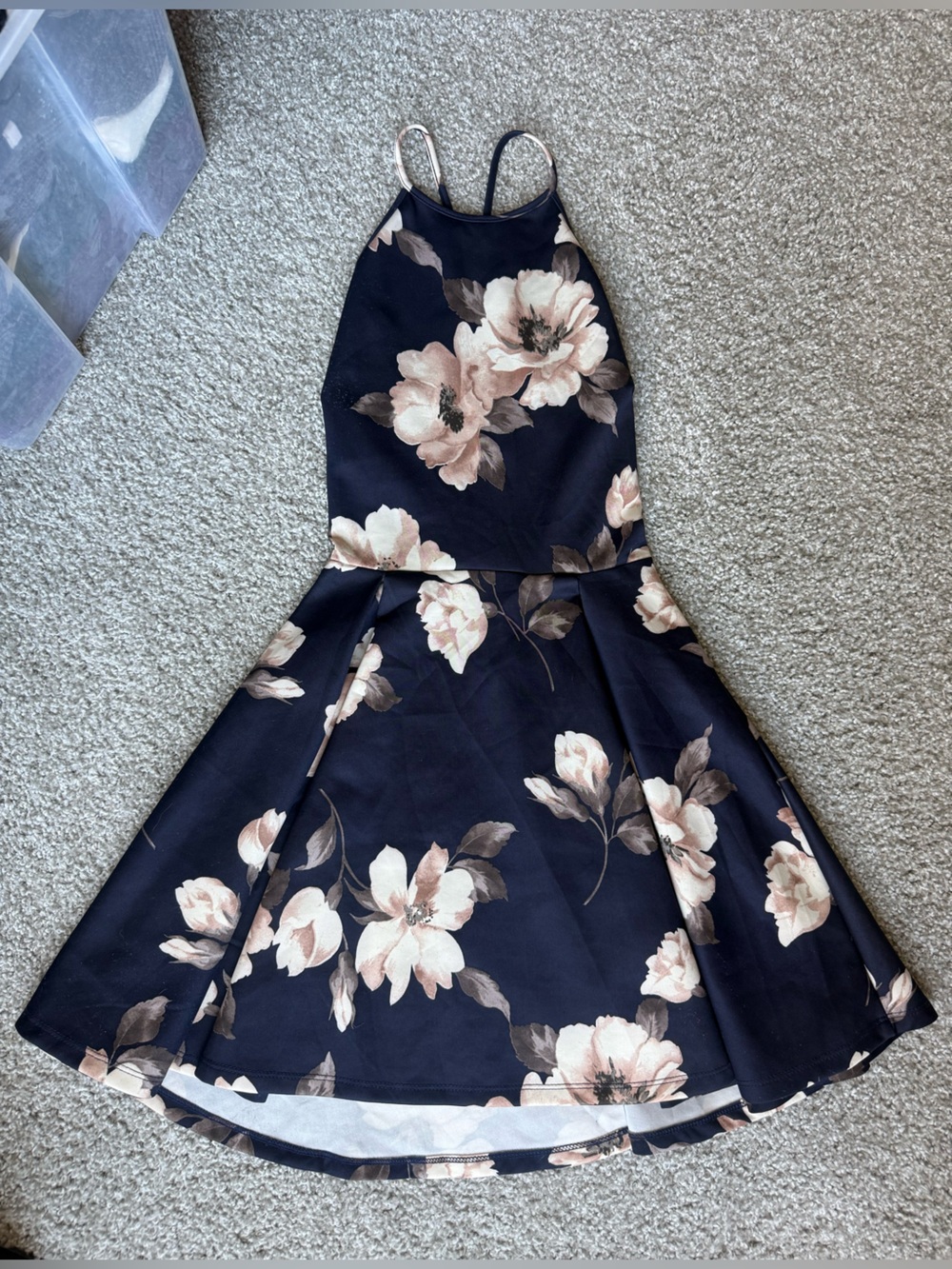 Lace, Open Back, Navy Floral Sundress with Blush Roses